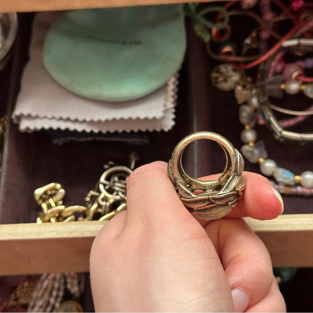 Vintage Bronze Rutilated Quartz Large Cocktail Ring Adjustable Band Gold Toned